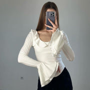 Ruffle-Trimmed Flared Sleeve Top