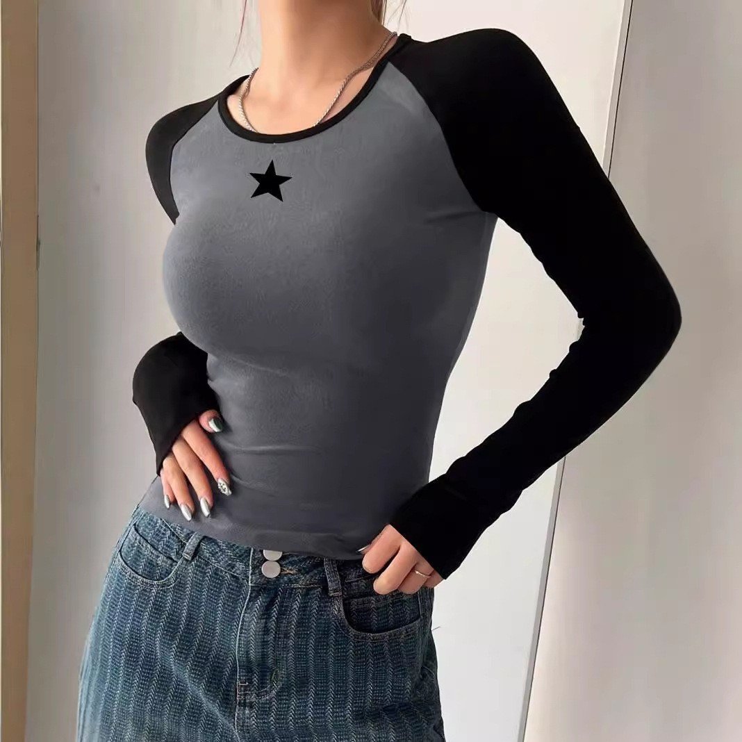 Retro Star Print Slim-Fit Long-Sleeve Top
