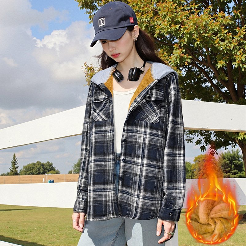 Women's Casual Hooded Plaid Shirt Loose Long-Sleeve Top