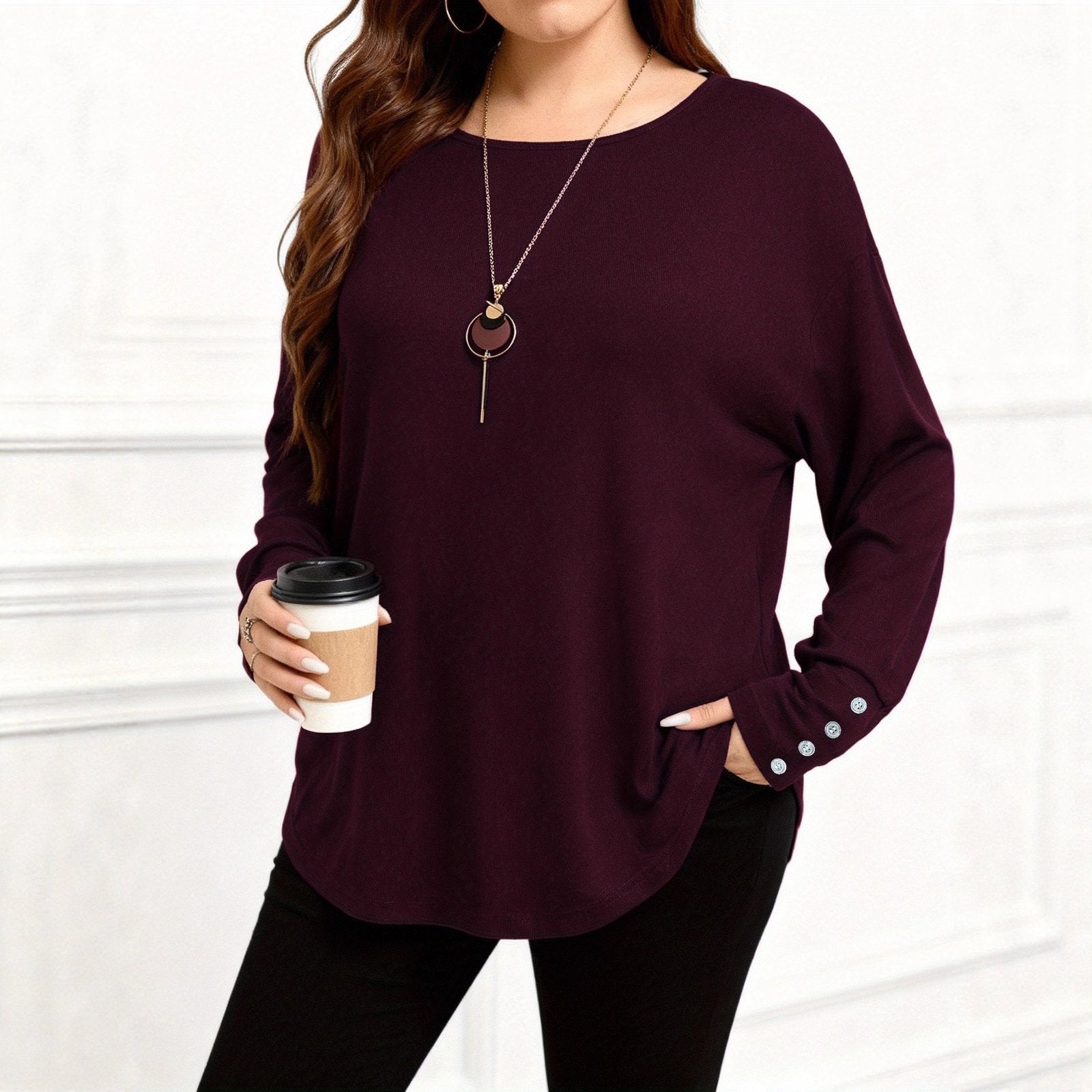 Casual Plus-Size Solid Long-Sleeve Top