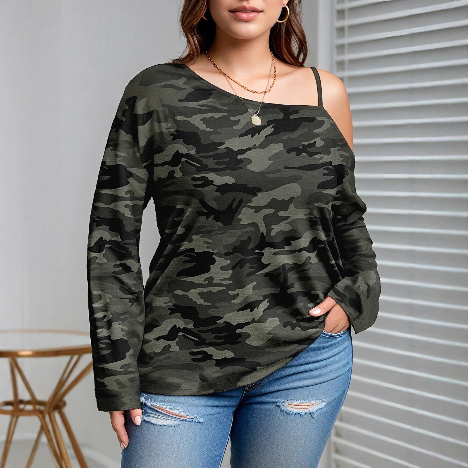 Plus-Size Off-Shoulder Long-Sleeve T-Shirt