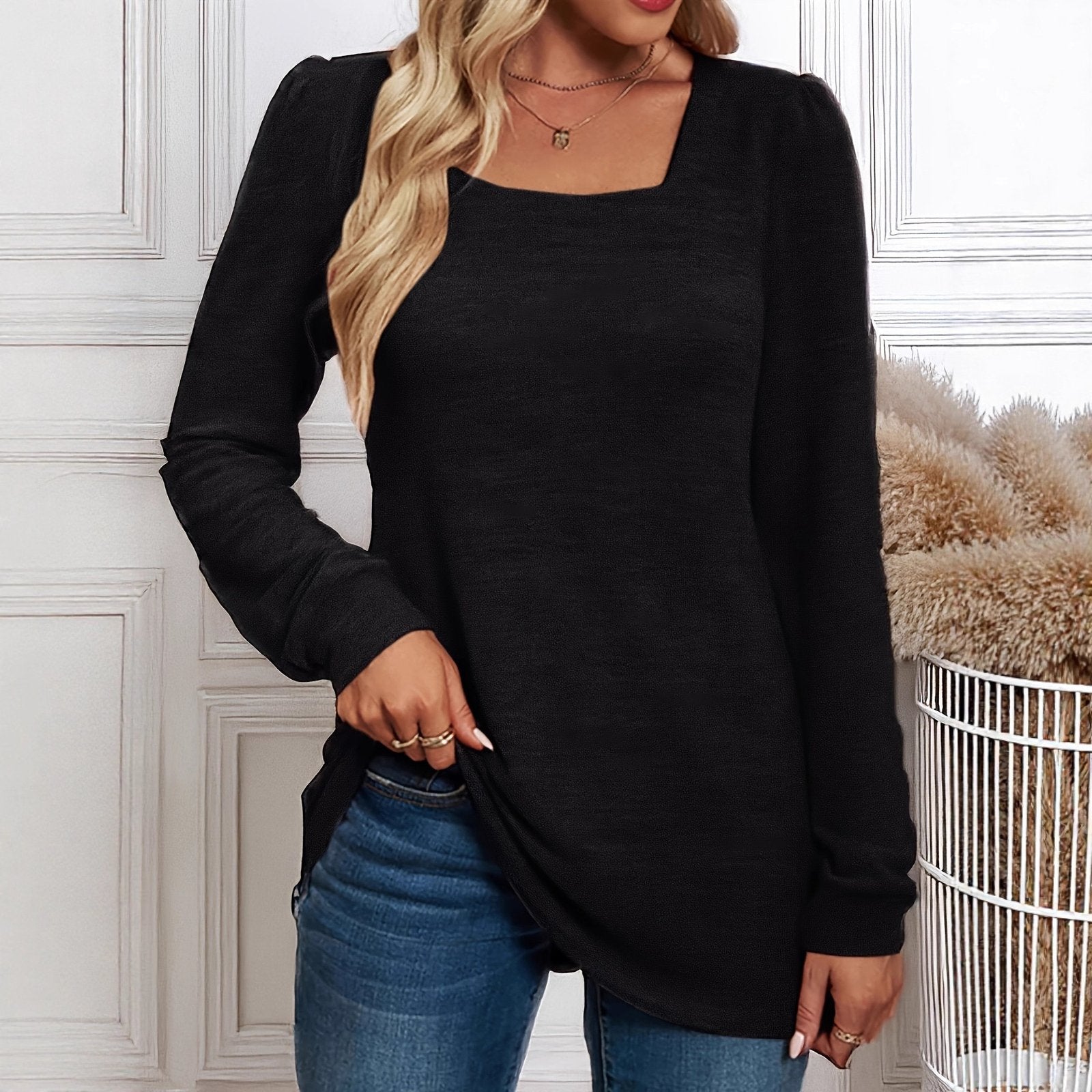 Plus-Size Square-Neck Long-Sleeve Casual Knit Top