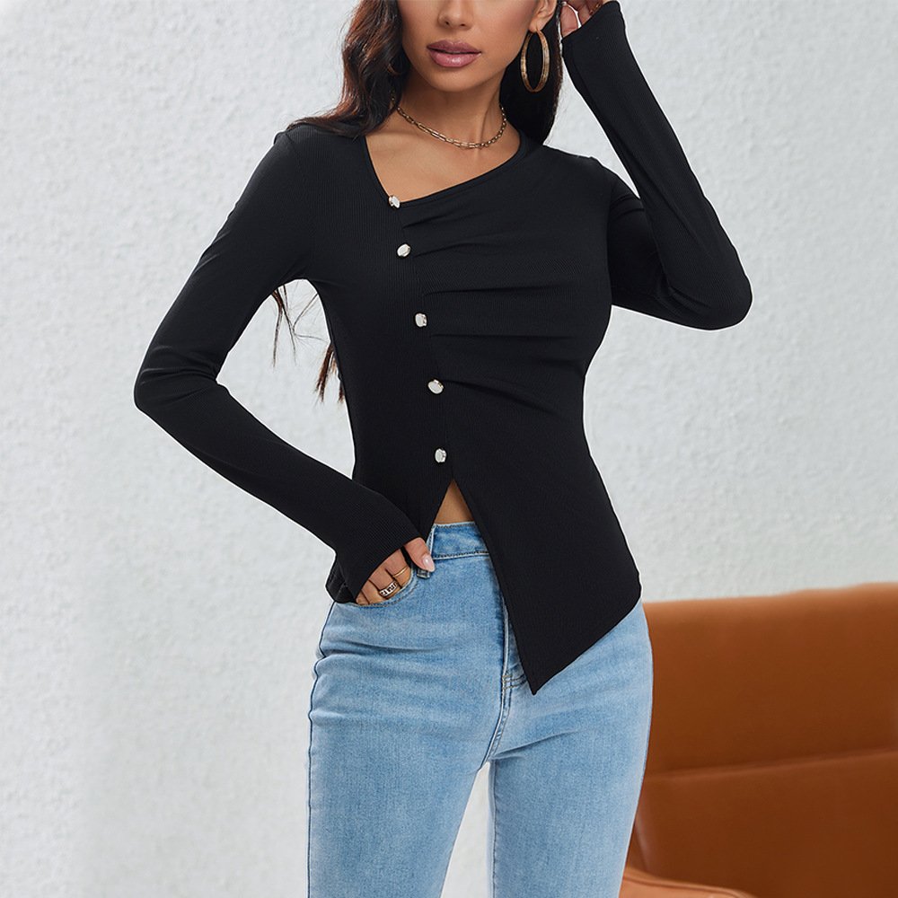Chic Asymmetric Button Slim-Fit Retro Top