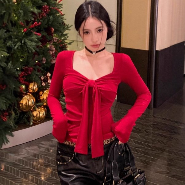 Chic Bow-Knot Long-Sleeve Slim Fall Top