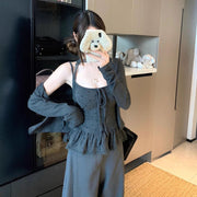 Elegant Long-Sleeve Cardigan & Polka-Dot Camisole Set
