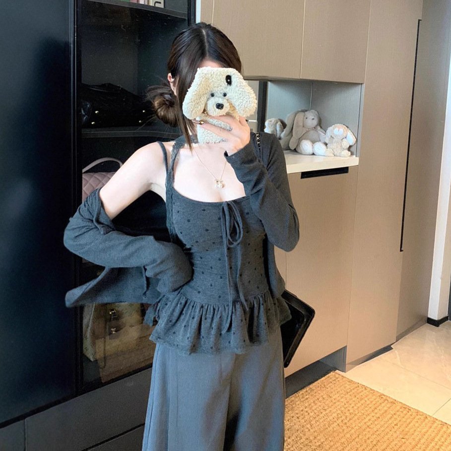 Elegant Long-Sleeve Cardigan & Polka-Dot Camisole Set