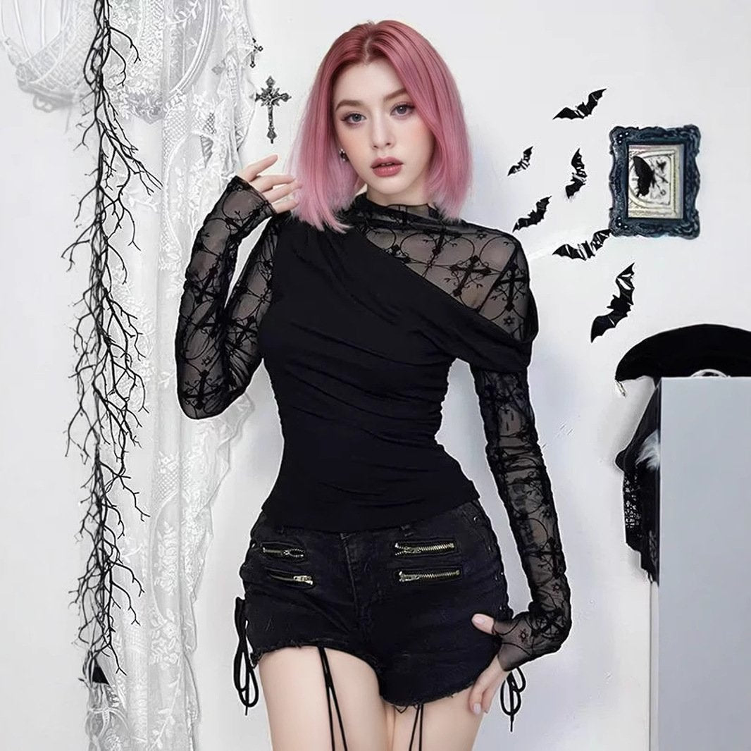 Women's Lace Patchwork Long-Sleeve Bodycon Top
