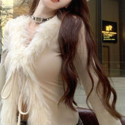 Women's Slim-Fit Cropped Fuzzy Long-Sleeve Top