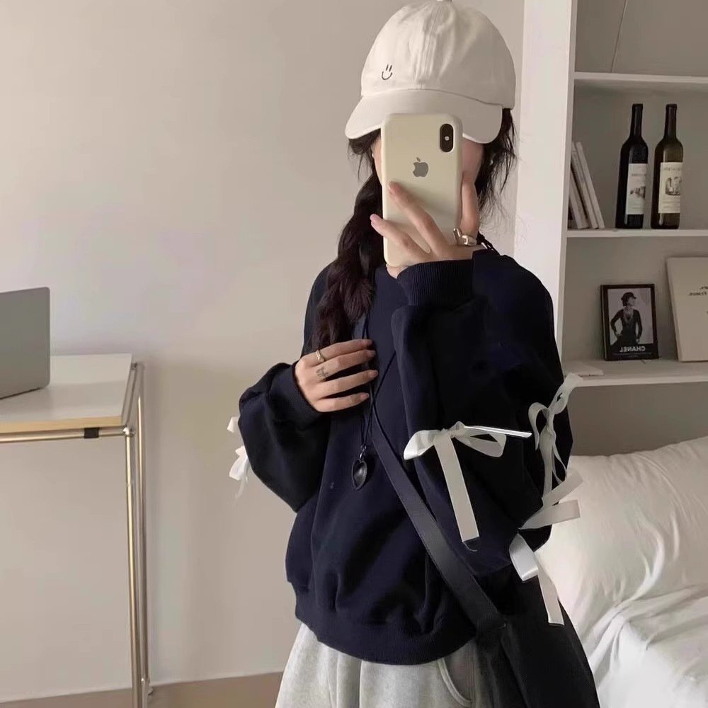 Women's Bow-Tie Strap Loose Long-Sleeve Pullover Top