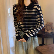 Chic Black & White Striped Lapel Long-Sleeve Knit Sweater