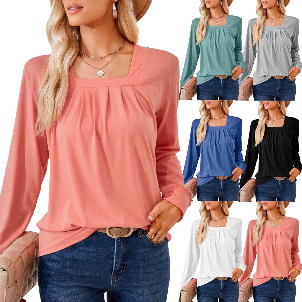 Elegant Square Neck Pleated Long Sleeve Tee