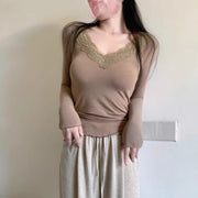 Demure Lace V-Neck Long-Sleeve Slim Base Top