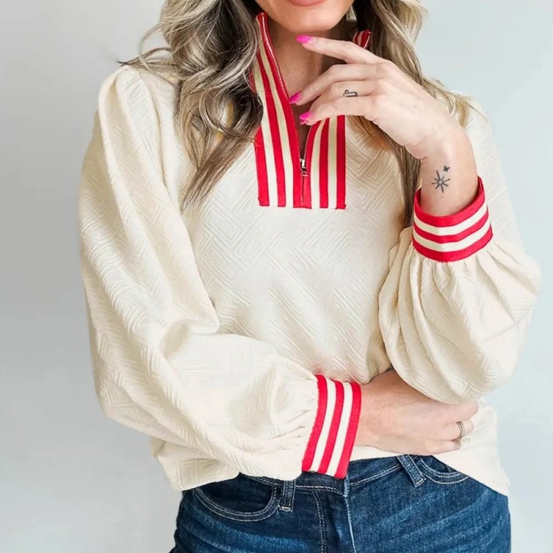 White Textured Knit Zip-Neck Pullover Sweater