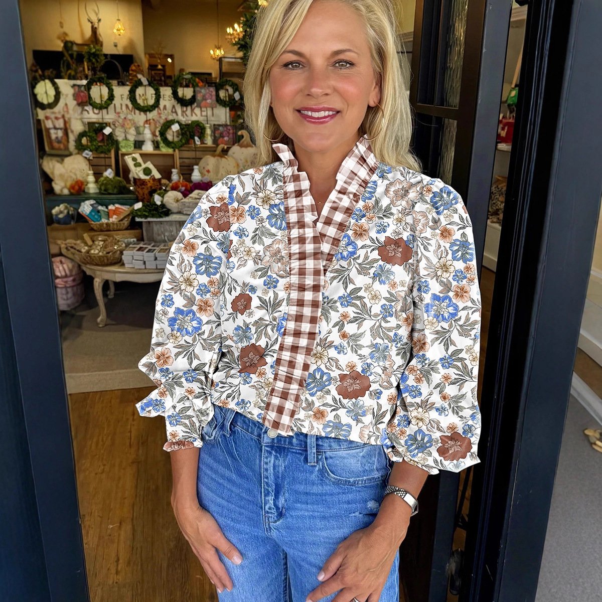 Floral V-Neck Ruffle Sleeve Pullover Top