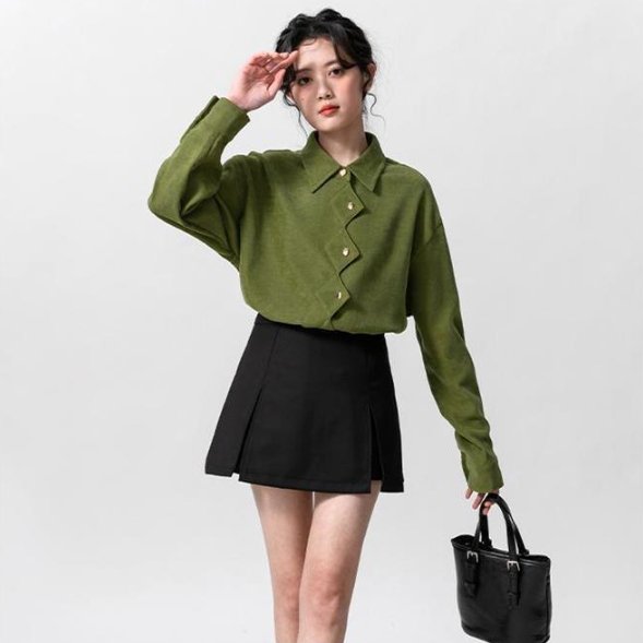 Women's Retro Polo-Neck Long-Sleeve Shirt