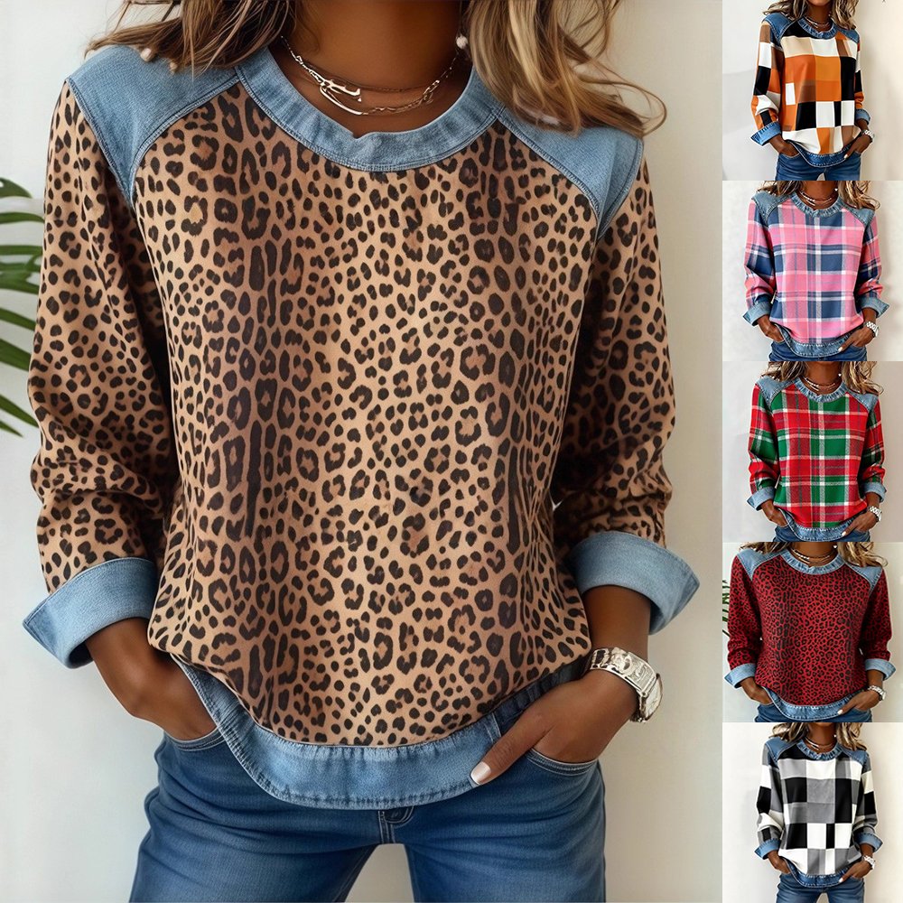 Denim Patchwork Crewneck Pullover Sweatshirt