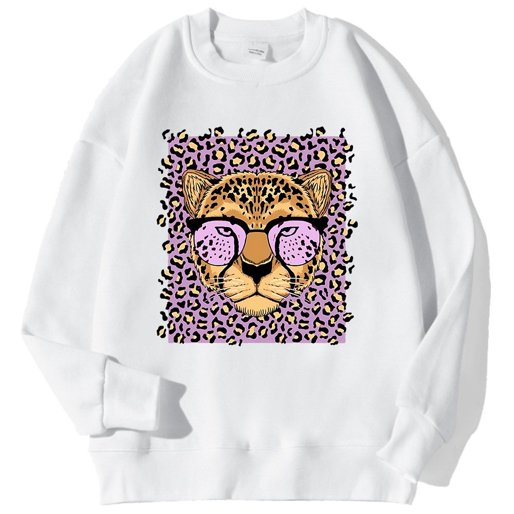 Leopard Print Loose Fit Fleece Sweatshirt for Women