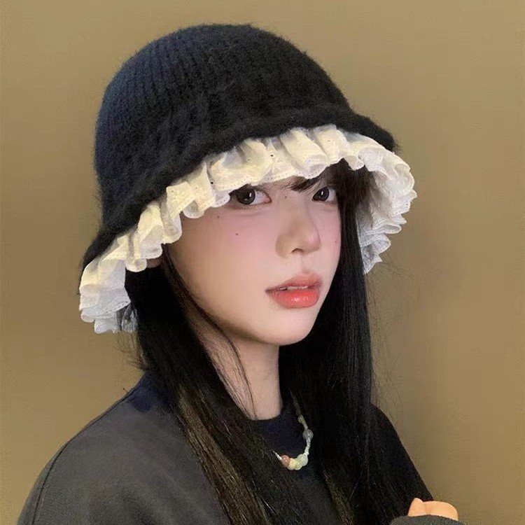 Lace-trimmed Knitted Fisherman Hat for Women