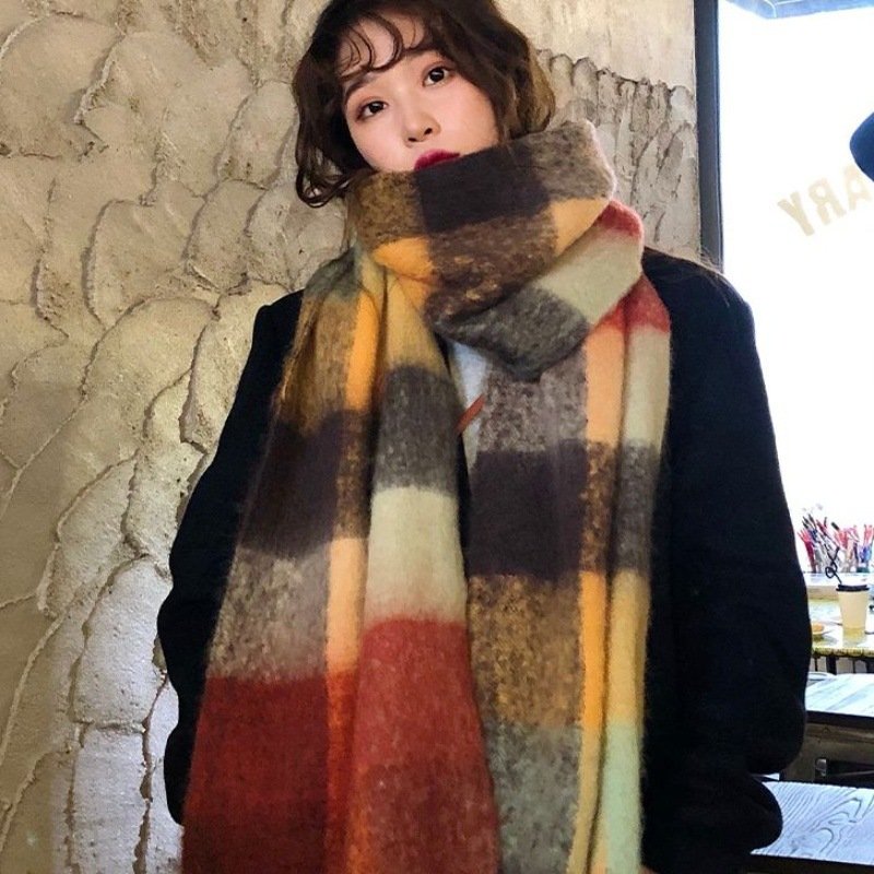 Warm Rainbow Plaid Faux Cashmere Scarf for Women
