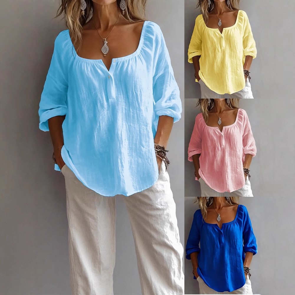 Women's Casual V-Neck Button Long-Sleeve Pullover Top