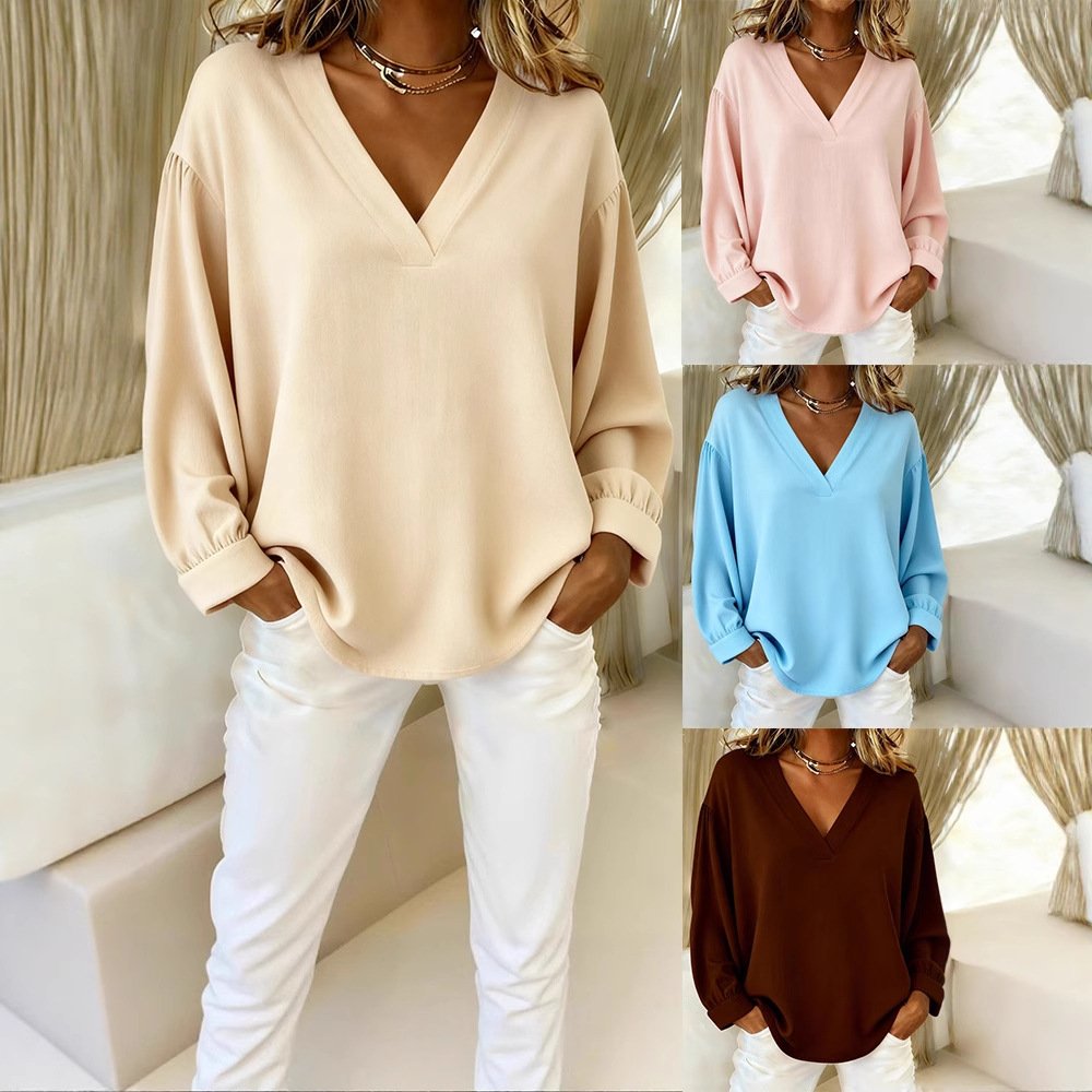 Women's Casual V-Neck Long-Sleeve Solid Pullover Top