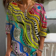 Chic Geometric V-Neck Loose Long-Sleeve Top
