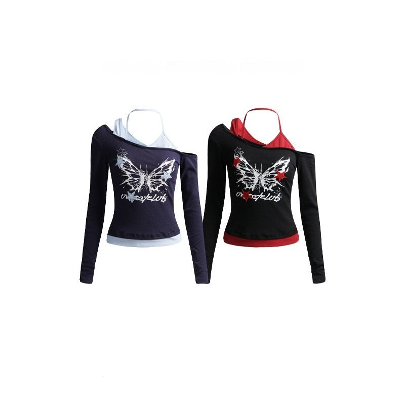 Chic Asymmetrical Halter Butterfly Long Sleeve Top