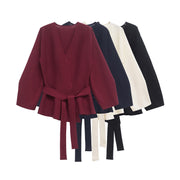 Chic Knitted Long-Sleeve Belted Top