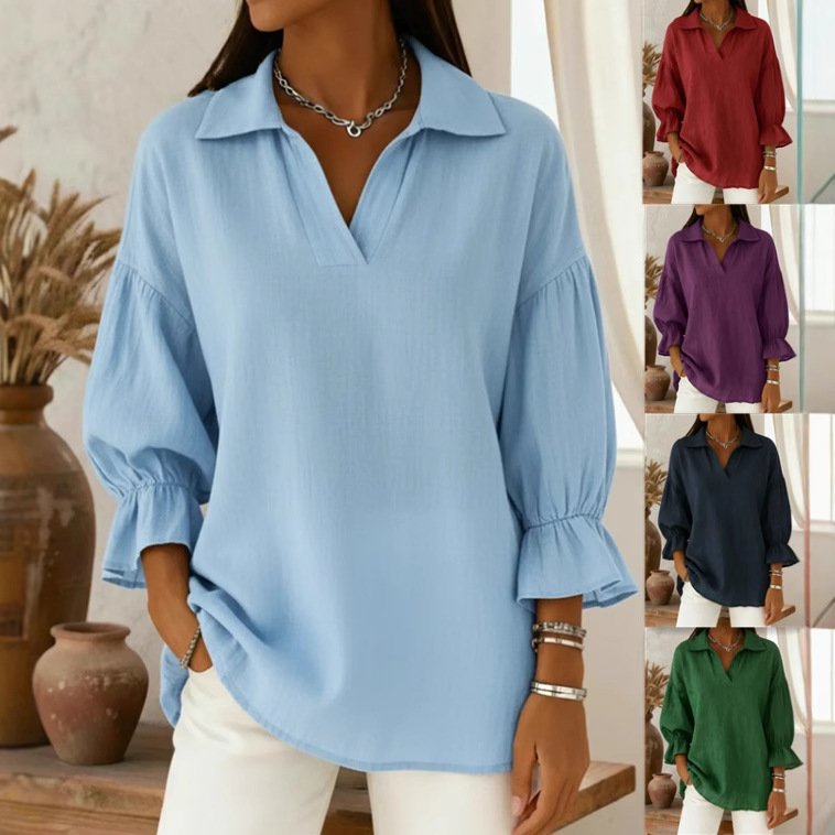 Retro Long-Sleeve Turn-Down Collar Casual Top