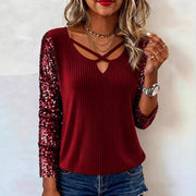 Sequin V-Neck Long Sleeve Top - Glamorous Slim Fit Shirt