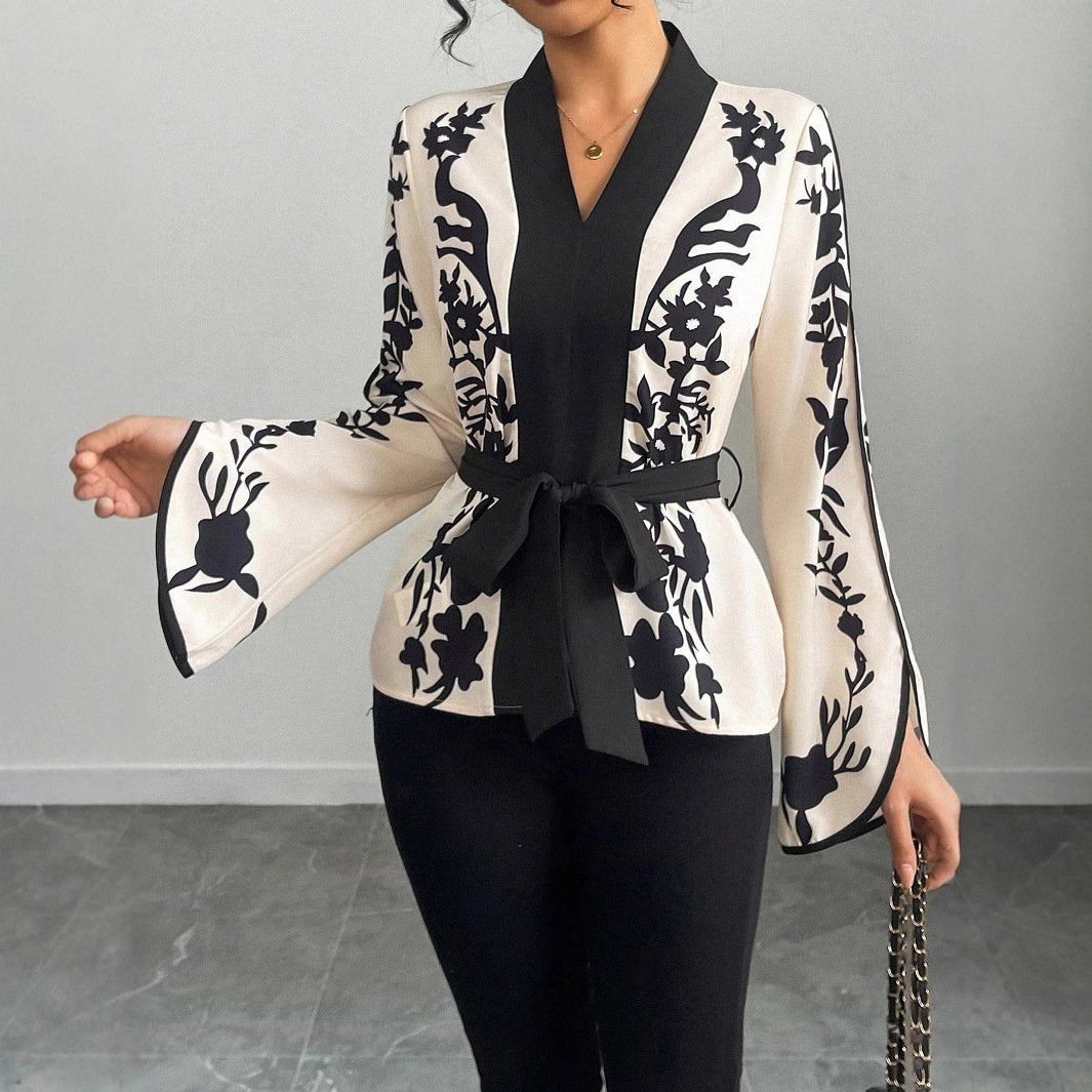 Elegant Floral V-Neck Long Sleeve Women's Blouse