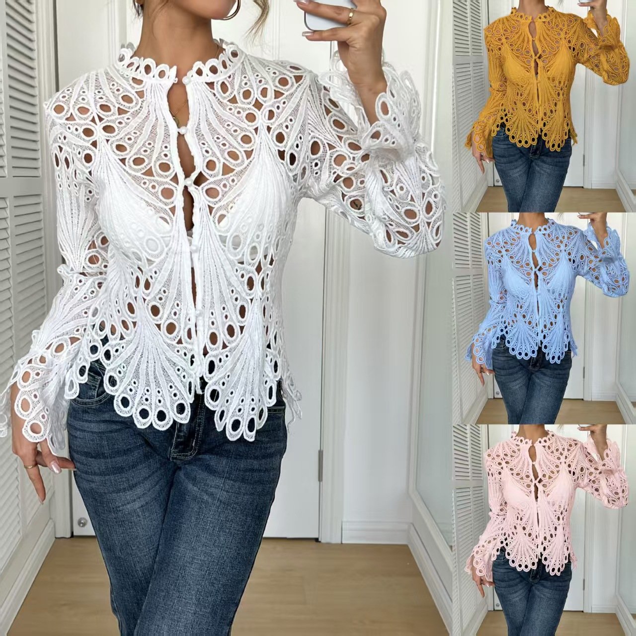 Sexy Cutout Flared-Sleeve Knitted Lace Women's Top
