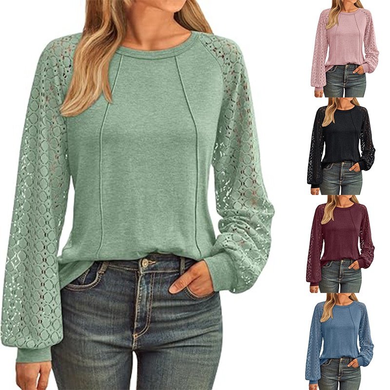 Women's Lace Patchwork Pleated Long Sleeve Top