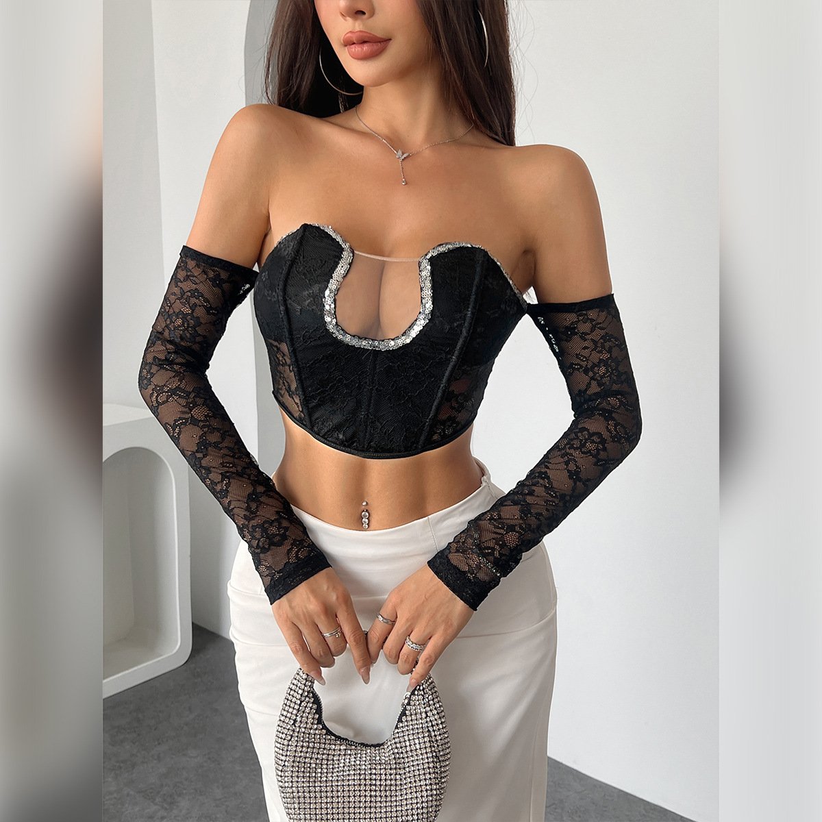 Chic Floral Sequin Off-Shoulder Backless Slim Top
