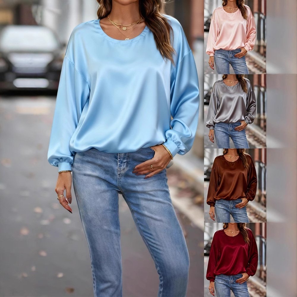 Women's Casual Long-Sleeve Loose Round-Neck Solid Top