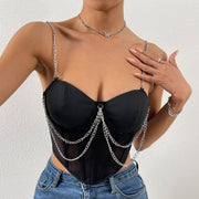 Sheer Deep V-Neck Backless Chain-Strap Top