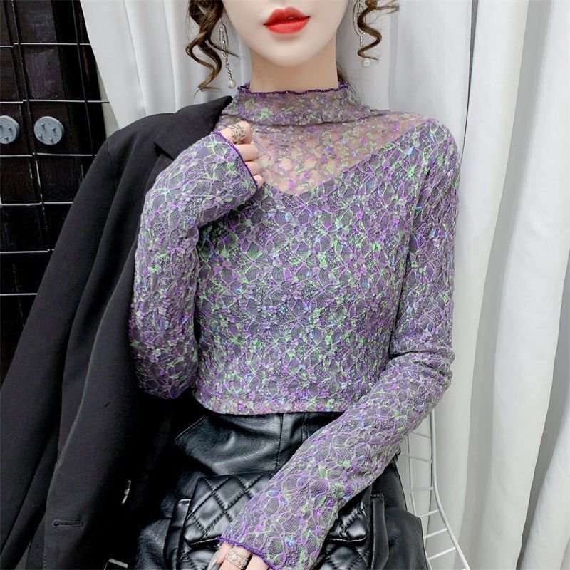 Floral Lace Long-Sleeve Slim Fit Top
