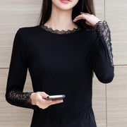 Women's Lace Low-Neckline Black Long-Sleeve Top