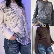 Casual Ribbed Long-Sleeve Crew-Neck Printed T-Shirt