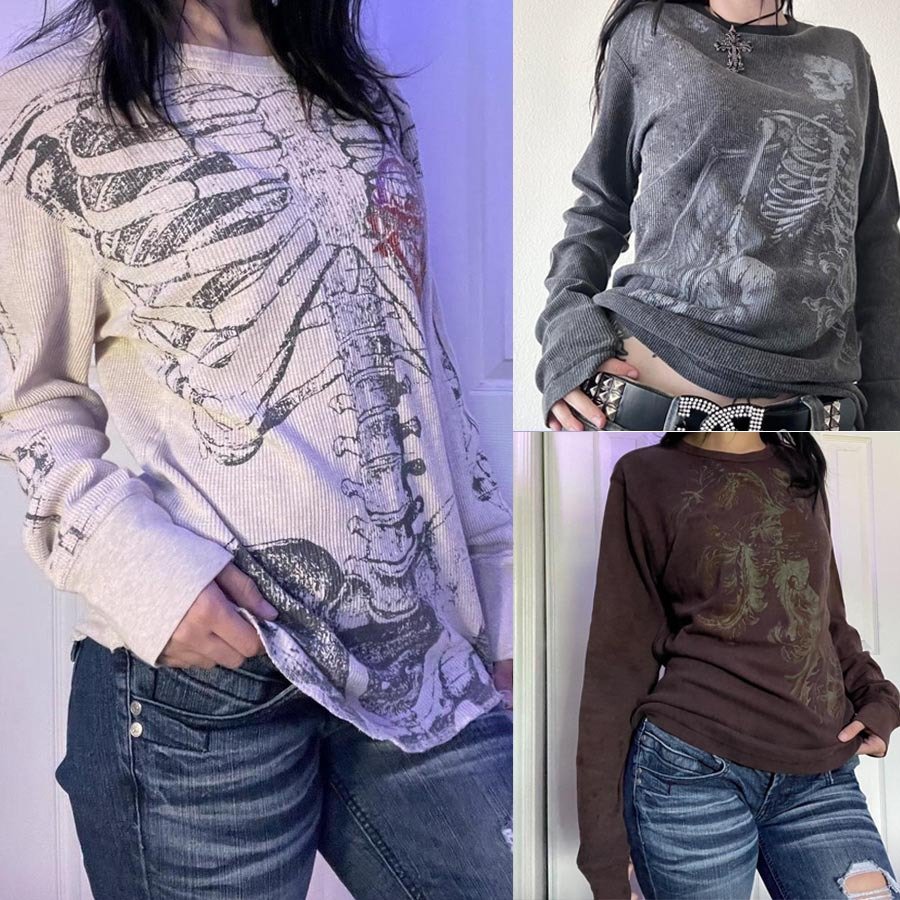 Casual Ribbed Long-Sleeve Crew-Neck Printed T-Shirt