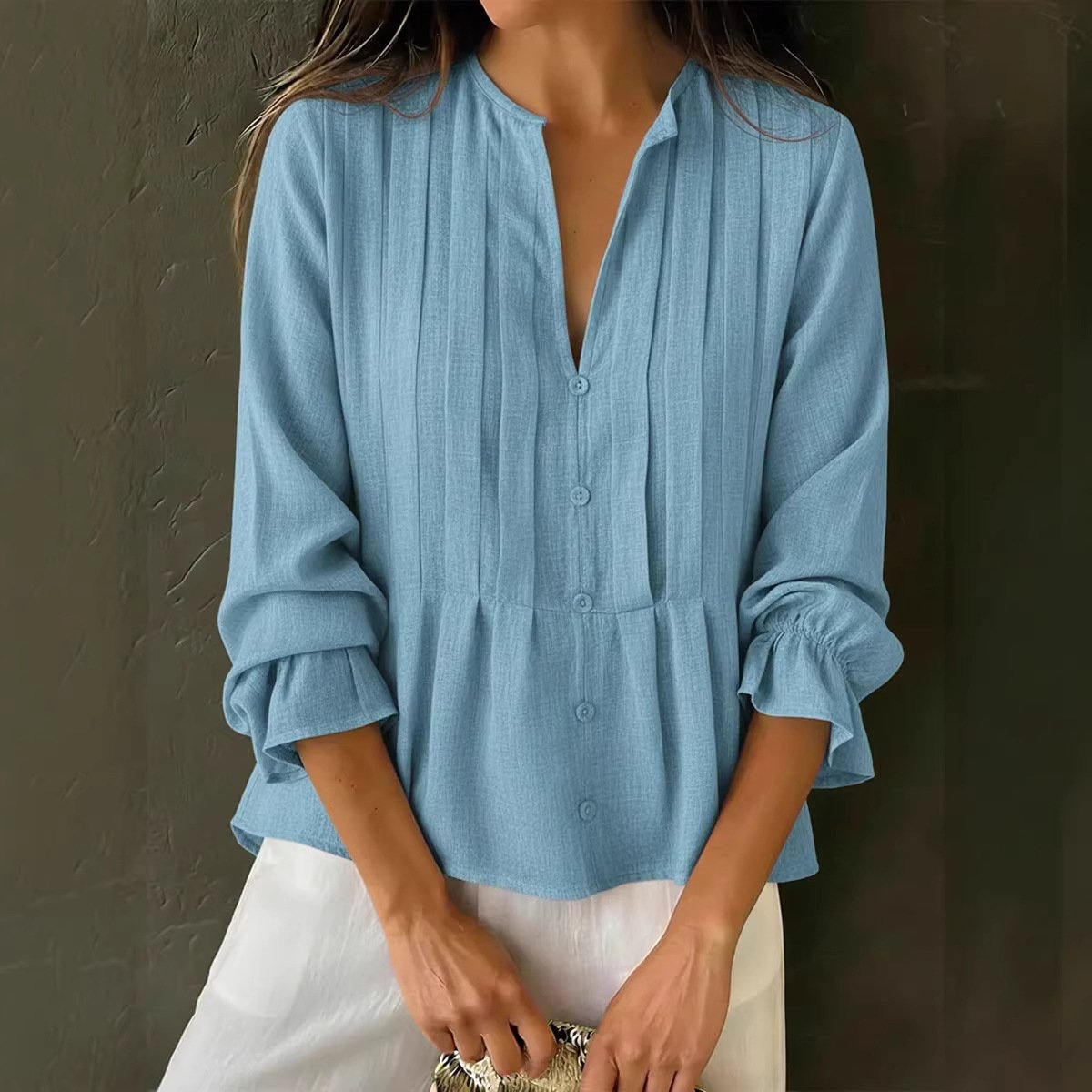 Casual V-Neck Striped Cotton-Linen Long-Sleeve Top