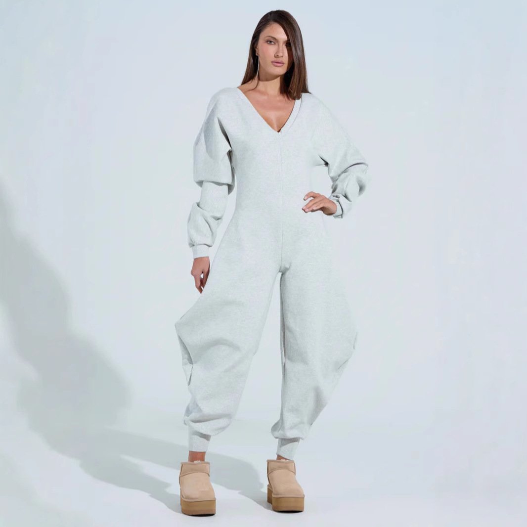Sexy Bodycon Jumpsuit with V-Neck, Puff Sleeves, and Slim-Fit Pants