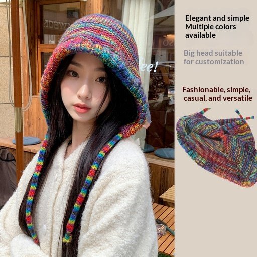 Rainbow Striped Earflap Knit Hat for Women