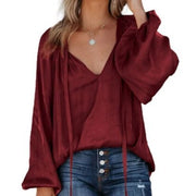 Elegant Satin V-Neck Top with Chic Lantern Sleeves
