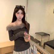Fluffy Off-Shoulder Long-Sleeve Top