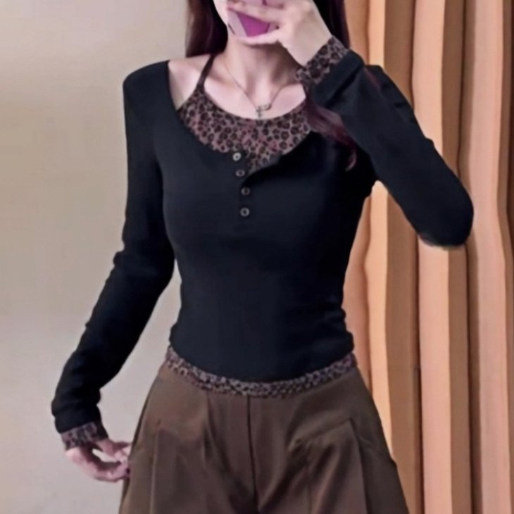 Leopard Patchwork Mock Two-Piece Long Sleeve Top