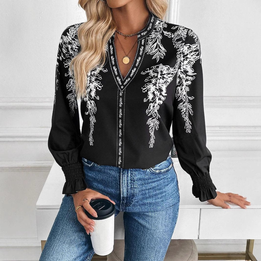 Women's Casual Long-Sleeve V-Neck Blouse
