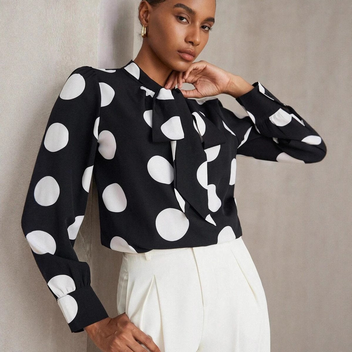 Retro Polka Dot Long-Sleeve Elegant Women's Shirt