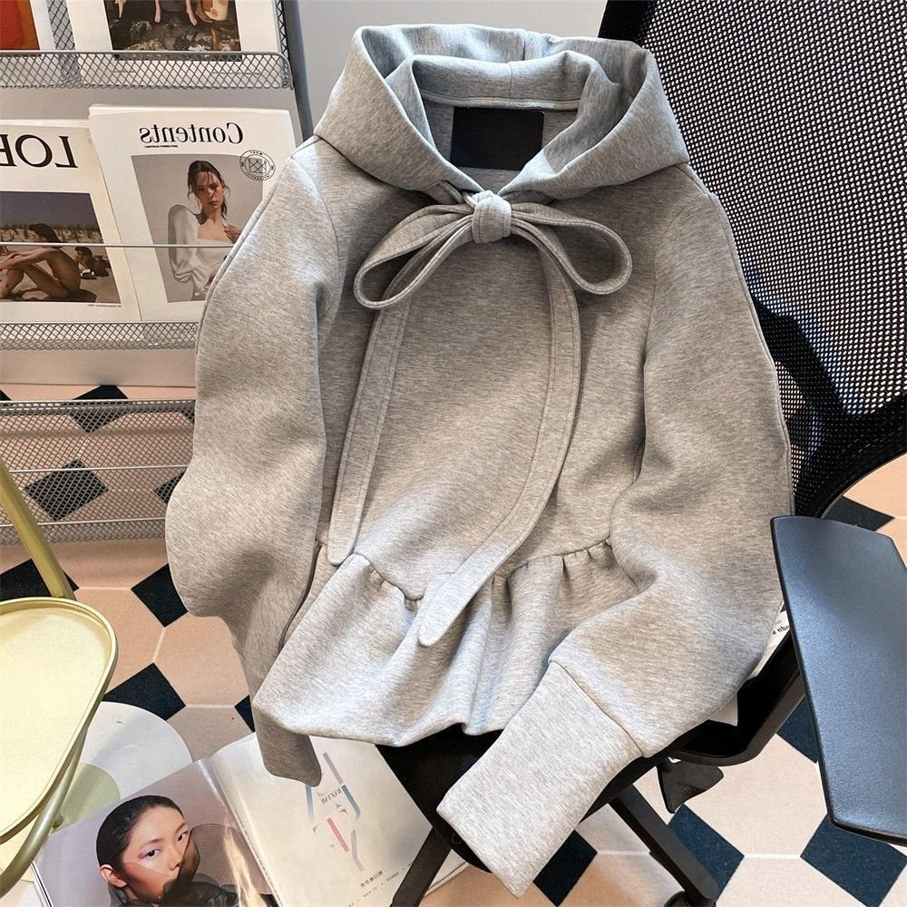 Gray Hoodie with Bow-Tie Straps for Women