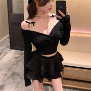 Off-Shoulder Lace-Panel Long-Sleeve Slim Fit Tee